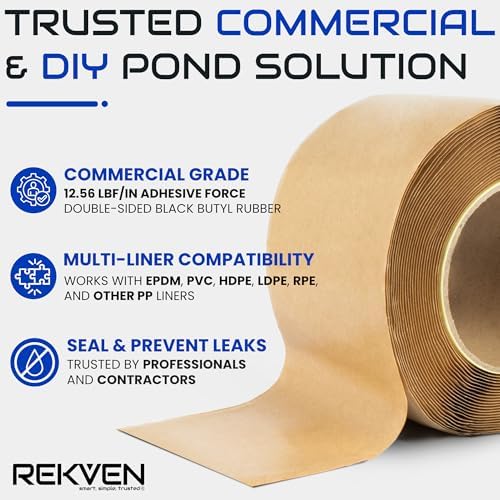 Pond Liner Seam Tape Kit, Double Sided Butyl Adhesive, 30 Ft x 3 in | Bonds EPDM PVC HDPE LDPE RPE LLDPE, Waterproof Sealer, Repair and Patch, Roller and Sponge Included, Fish Safe, Koi Ponds