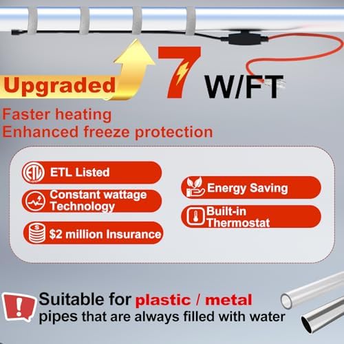 HEATIT ETL Certified 7W/ft Pipe Heating Cable with Thermostat 10 Feet | For metal & plastic water pipes, Straight-run installation, helps prevent frozen pipes during extreme winter conditions.
