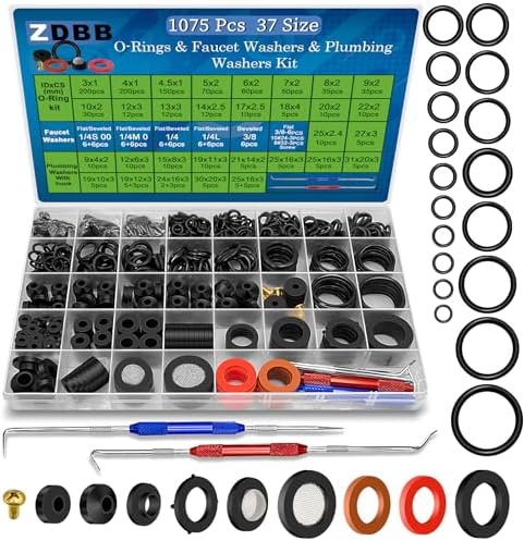 ZDBB 1075 Pcs 3-in-1 Spigot Repair Washers & Hose Gasket & Faucet O-Rings Kit 37 Size Plumbing Rubber Washers Assortment Set for Kitchen Faucet Outdoor Hose Bib Water Spigot Seal Repair