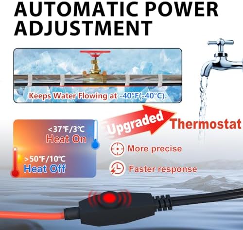 HEATIT ETL Certified 7W/ft Pipe Heating Cable with Thermostat 10 Feet | For metal & plastic water pipes, Straight-run installation, helps prevent frozen pipes during extreme winter conditions.