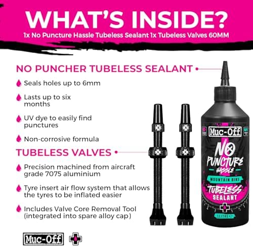 Muc-Off 1 Liter Tubeless Tire Sealant + 60mm Black Presta Valve - Bundle | Seals Punctures Up to 6mm | Ideal for MTB | Long-Lasting and Biodegradable
