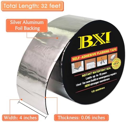 BXI Flashing Roll Tape Membrane, 4 inches X 32 Feet Thick Waterproof Patch Seal Tape, Self-Adhesive SBS Modified Rubberized Asphalt, Deck Seam Joist Leak Sealant for Roof Window Gutter Repair Outdoor