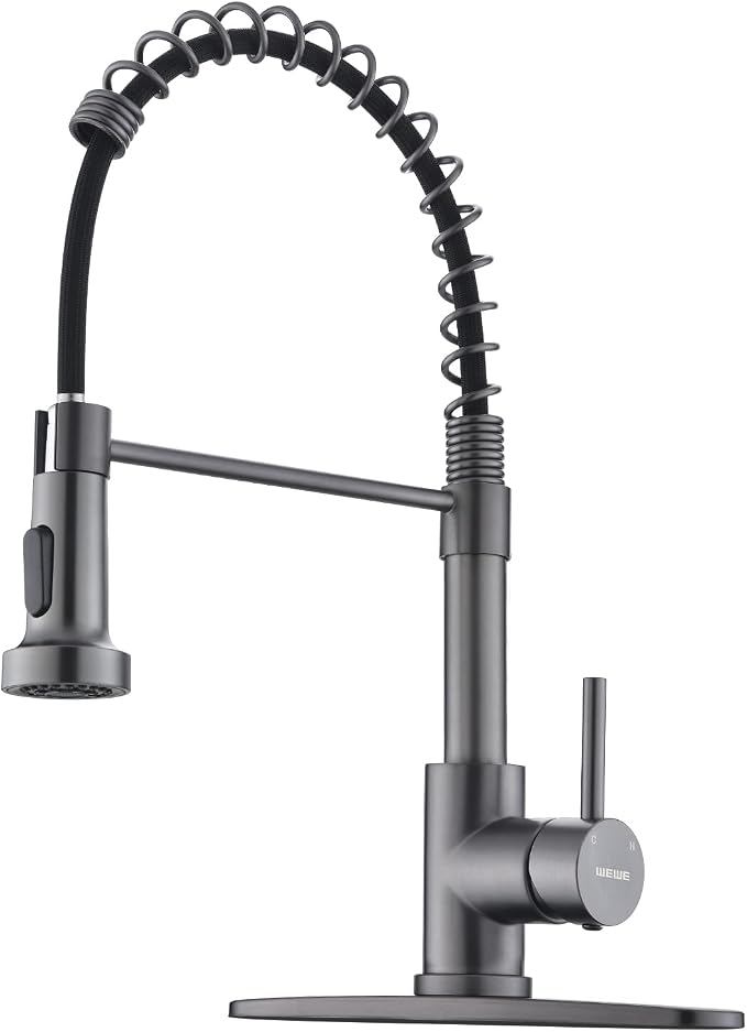 WEWE Pull-Down Kitchen Faucet, 2-Mode Sprayer, Matte Gray, High Arc