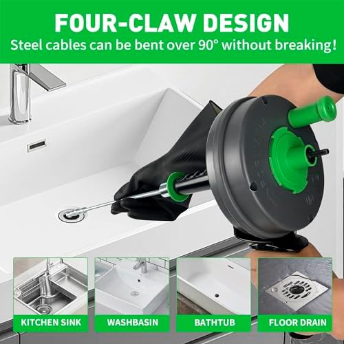 BACOENG 25Ft Drain Auger, Heavy Duty Plumbing Snake with Drill Adapter, Use Manually or Powered for Drain Clog, Shower Sink, Comes with Gloves and Bag (Green)
