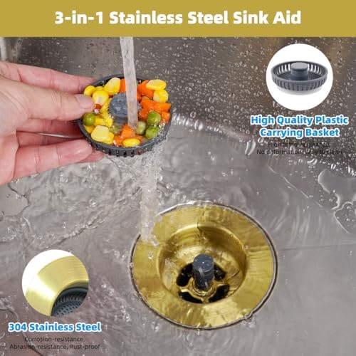 Hibbent 3-in-1 Kitchen Sink Drain Strainer with 3 Baskets, Brushed Gold