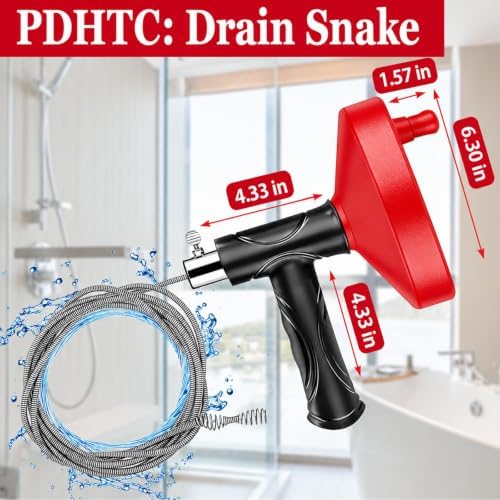 Drain Snake Auger, 33 Feet Plumbing Snake Drain Hair Clog Removal Tool, Heavy Duty Snake Auger, Sink Unclogger Drain Cleaner Tool for Bathroom Kitchen Tub Shower Drain Clog Remover with Gloves, Red