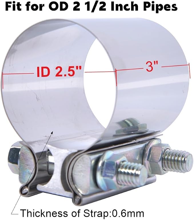 Elifeceneter ID 2.5" 2-1/2 Inch Lap Joint Exhaust Band Clamps Stainless | T304 Exhaust Butt Clamp for OD 2.5 inch Pipes, 360° Seal For Exhaust Pipes, 10.8 High Strength Bolt, 2 Pack