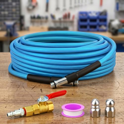 Sewer Jetter Kit, 65 FT (20M) High Pressure Drain Cleaning Hose | with 1/4 Inch NPT Fittings, Ball Valve, for Pressure Washer