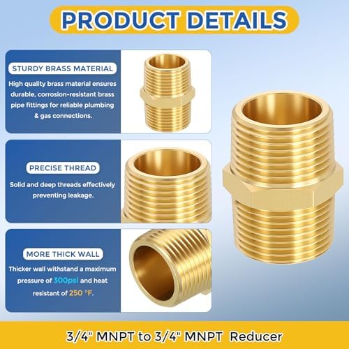 2 Packs Brass Pipe Fittings, 3/4" MNPT to 3/4" Male NPT | Brass Hex Nipple W/ Sealing Tape, Male Pipe Adapters Reducer for Air, Oil, LP, Gas