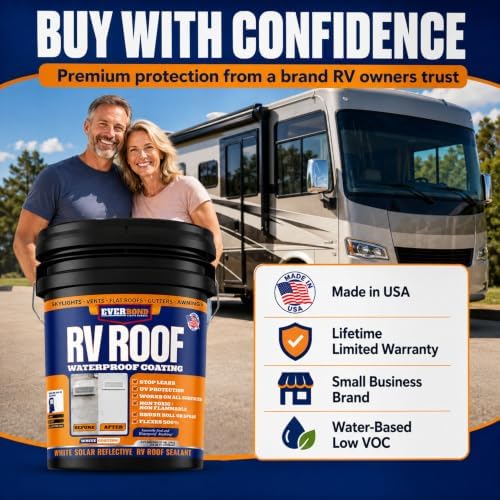 Everbond RV Roof Waterproof Sealant - Solar Reflective Weatherproof Coating for Trailers, Campers, Roof and Leak Repairs - Easy Application, Indoor & Outdoor Use - White, 4.75 Gallon Bucket