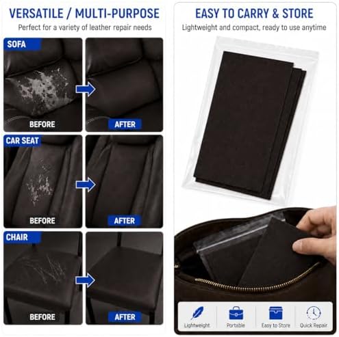 2PCS 8×4 Inch PU Leather Patch for Car Seat Repair, Self-Adhesive Leather Repair Patch Tape for Vinyl Leather Upholstery, Car Seat Furniture Repair Kit (Deep Coffee)