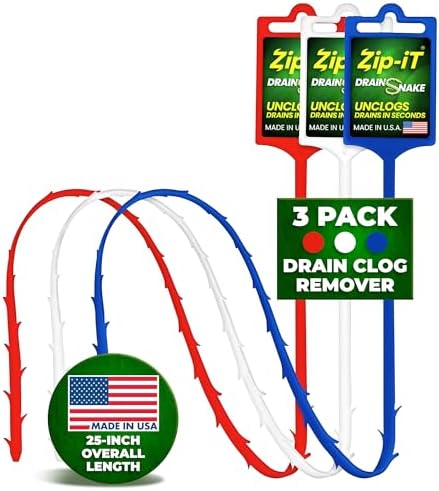 Zip-it Hair Drain Clog Remover, 25-inch Unclogger Tool for Shower, Tub & Sink In Seconds, Reusable, Flexible, Non-toxic Drain Snake, Green White Blue (3-pack)