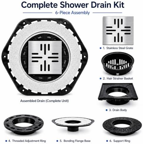 4-Inch Square Shower Drain Kit with Bonding Flange, Brushed Silver