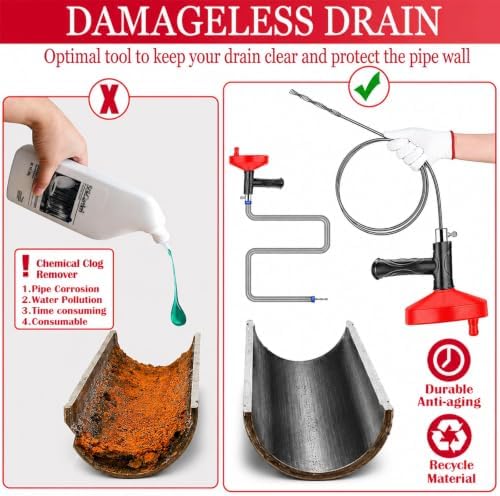 Drain Snake Auger, 33 Feet Plumbing Snake Drain Hair Clog Removal Tool, Heavy Duty Snake Auger, Sink Unclogger Drain Cleaner Tool for Bathroom Kitchen Tub Shower Drain Clog Remover with Gloves, Red