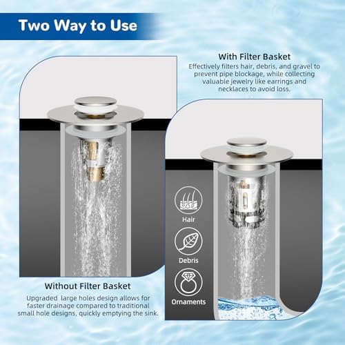 Hibbent 3 PCS Upgraded 3 in 1 Bathroom Sink Drain Strainer, Pop Up Stopper