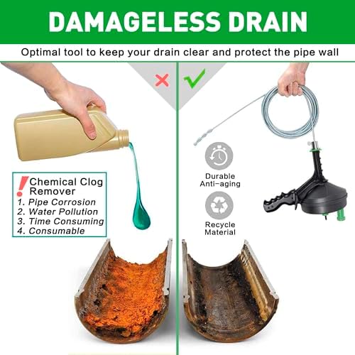 BACOENG 25Ft Drain Auger, Heavy Duty Plumbing Snake with Drill Adapter, Use Manually or Powered for Drain Clog, Shower Sink, Comes with Gloves and Bag (Green)