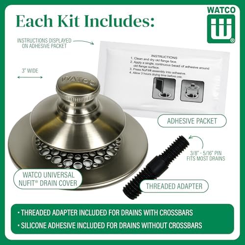 Watco Universal NuFit Push Pull Stopper, Silicone, 3/8 in or 5/16 in Combo Pin, Friction Pin, Grid, Universal Bathtub Drain Stoppers, Easy Install, Hair Catcher, Replacement Tub Drain, Brushed Nickel