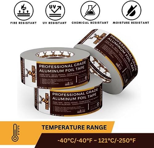 4 Pack Buck Aluminum Foil Tape – 2 Inch x 216ft (72 yd), 3.6 Mil – HVAC Tape for Ductwork, AC, Dryer Vents & Insulation – Silver Foil Tape for Metal Repair, Exhaust Sealing & Air Conditioning
