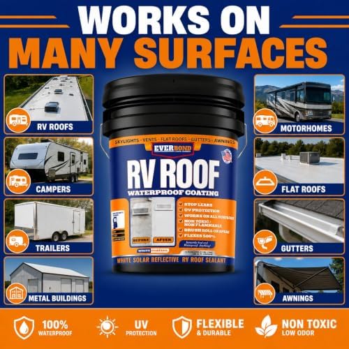 Everbond RV Roof Waterproof Sealant - Solar Reflective Weatherproof Coating for Trailers, Campers, Roof and Leak Repairs - Easy Application, Indoor & Outdoor Use - White, 4.75 Gallon Bucket