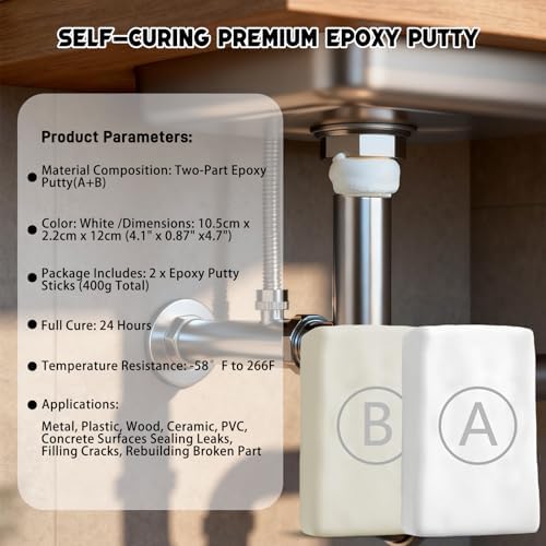 Epoxy Putty - 400g Fast Repair White AB Epoxy Clay, High Strength 2 Part Filler Fix Leaks, Cracks, Filling, Multi-Purpose Sculpt Clay for Metal, Ceramics, Plastic, Wood, Tile, Concrete