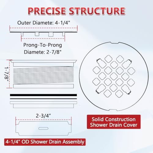 Enhon 4.25" OD Shower Drain Assembly, Snap in Shower Base Drain and Round Grid Strainer Cover, Fits 2 in. Schedule 40 ABS and PVC Pipes, Stainless Steel Cap, ABS Base(Silver,1 Pack)