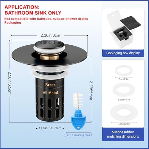 (All Metal) Bathroom Sink Stopper, Pop Up Drain Strainer for Bathroom Sink, Sink Plug Hair Catcher, Silent Popper Core w/Removable Filter Basket,Fit 1.05~2.0''Basin (Matte Black, 2 Pack)
