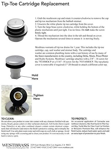 Westbrass 79338MOCP Replacement Tip-Toe Bathtub Drain Stopper with 3/8" Stem, Polished Chrome