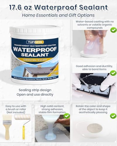Waterproof Sealant 17.6 Oz Clear, TUFINEIN Transparent Waterproof Coating Water-Based Invisible Agent Roofs, Walls, Garden, Terraces Indoor & Outdoor