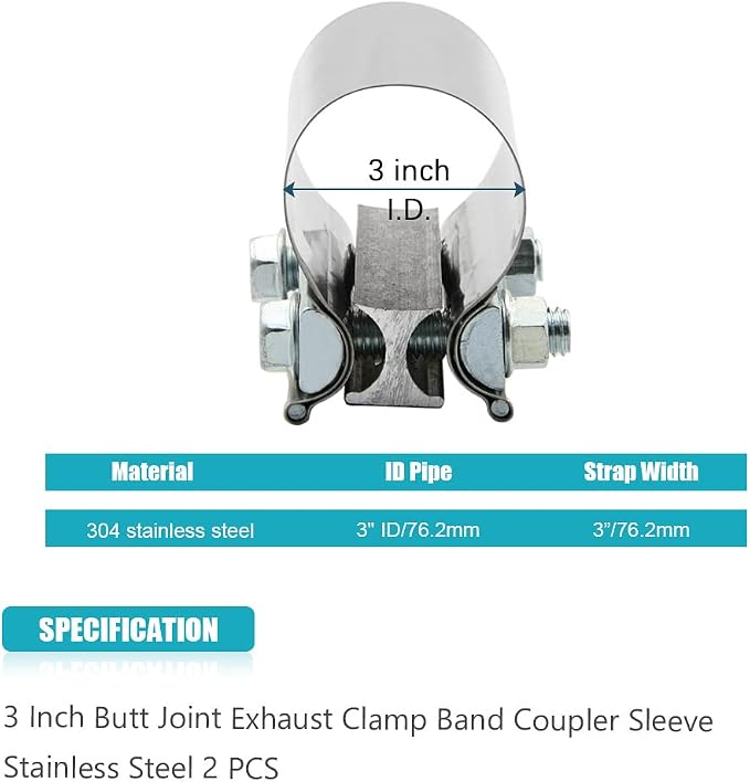 3" 3.0 Inch Exhaust Clamp Butt Joint Band Clamp Sleeve Coupler Stainless Steel 3 Inch for Exhaust Pipes, Mufflers and Catalytic Converters (1 PCS)