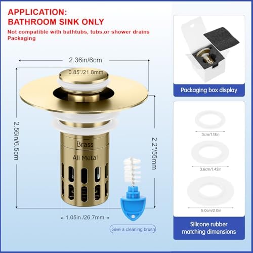 (All Metal) Bathroom Sink Stopper, Pop Up Drain Strainer for Bathroom Sink, Sink Plug Hair Catcher, Silent Popper Core w/Removable Filter Basket,Fit 1.05~2.0''Basin (Gold, 1 Pack)