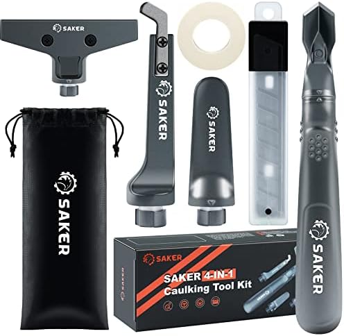 Saker Caulking Tool Kit-Aluminum 4 in 1 Sealant Finishing Tool Grout Remove Scraper Caulk Remover Glass Glue Angle Scraper for Bathroom,Kitchen,Floor,Window,Sink Joint,Frames Seal Silver
