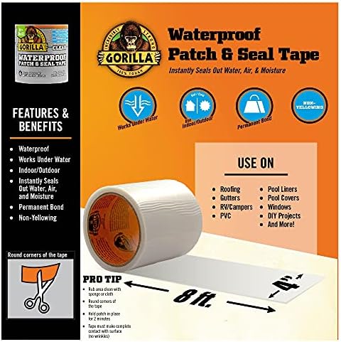 Gorilla Waterproof Patch & Seal Tape, Clear Tape, 4" x 8' - Permanent Weather Resistant Seal for Leaks and Repairs (Pack of 16)