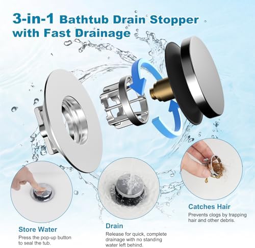 Hibbent 3 in 1 Metal Bathtub Drain Stopper, Universal Pop Up Tub Stopper