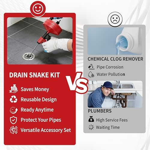 Drain Snake 35 Ft with Drill Attachment, Auto Feed 1/4 Inch Plumbing Snake for Sink, Shower & Tub Clogs, Manual or Drill-Powered Drain Auger, with Gloves, Safety Glasses & Storage Bag