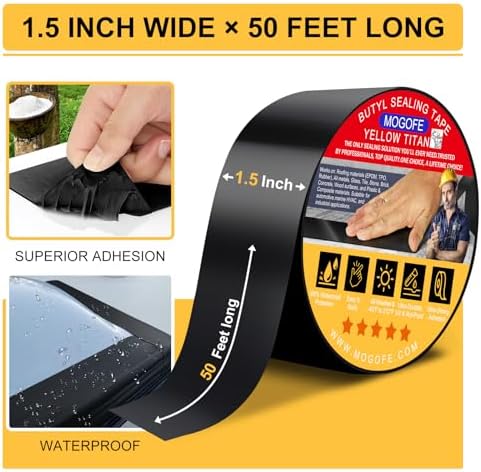 Yellow Titan RV Roof Sealant Tape Black 1.5" x 50' Waterproof Tape | Camper Roof Sealant Tape,RV Roof Patch,RV Roof Repair Tape,Butyl Tape,40mil/1.0mm,Temp:-40°F–212°F,DualSeal Ultra-Bond Tech