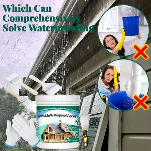 QUKLOGEN 1Kg/35.3Fl.oz Invisible Waterproof Agent Indoor&Outdoor Waterproof Coating Set Transparent Liquid Sealant with Wooden Brush Resistant Work Gloves Putty Shovel Cut