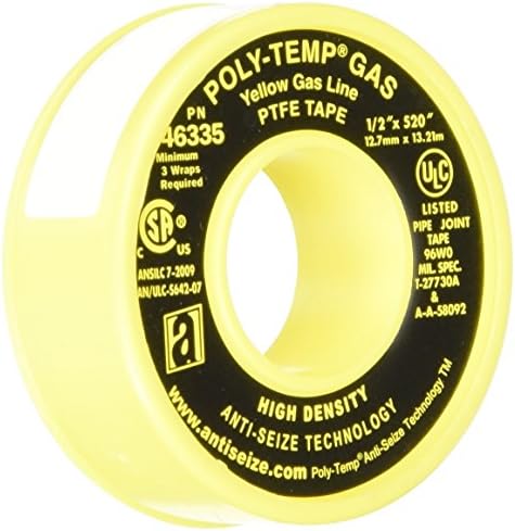 ANTI-SEIZE TECHNOLOGY 46335 Yellow PTFE Poly-Temp Extra Heavy Duty Gas Line Tape, 520" Length, 0.5" Width (Pack of 5)