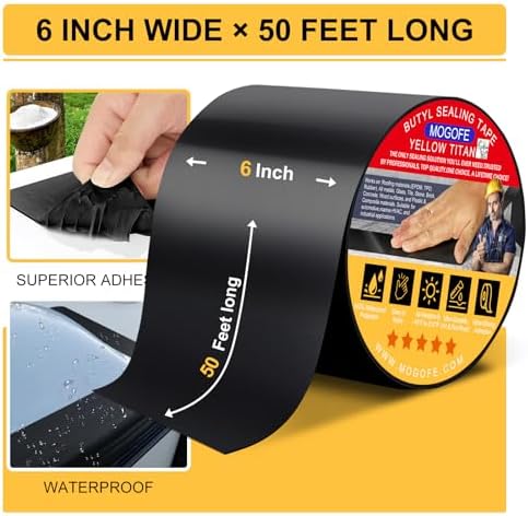 Yellow Titan RV Roof Sealant Tape Black 6 in x 50 ft Waterproof Tape | Camper Roof Sealant Tape,RV Roof Patch,RV Roof Repair Tape,Butyl Tape,40mil/1.0mm,Temp:-40°F–212°F,DualSeal Ultra-Bond Tech