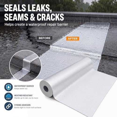 Gueevin 35.5 Inch X 32.8 Feet Self Stick Roll Roofing, Aluminum Flashing