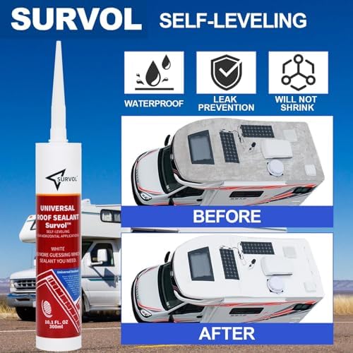 SURVOL RV Roof Sealant, Self-Leveling Lap Sealant - White, 2-Pack, Window, Skylight & Camper Repair, Vertical Surface Caulking