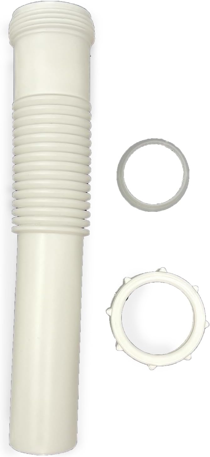 Plastic Drain Extension, 1-1/4 inch x 8 inch White Flexible tube with Slip-Joint Nut and Washer, for Tubular Drain Applications