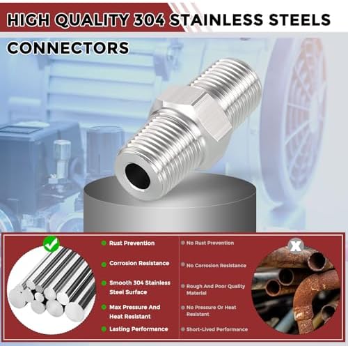 Pack of 5, 1/8" Male NPT to 1/8" Male NPT SUS304 Hex Nipple | Solid Male Pipe Adapter Hose Connectors with Sealing Tape for Pipe Repair, Bathroom Remodel, Tool Extensions, Compression