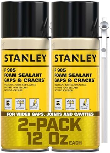 Stanley F905 Gaps & Cracks Sealant (2x12 Oz.) – Polyurethane Spray Foam Insulation for Window & Door, Waterproof Gap Filler, Low Expansion Foam for Indoor & Outdoor Use | Straw Use | 12 Oz. 2 Pack