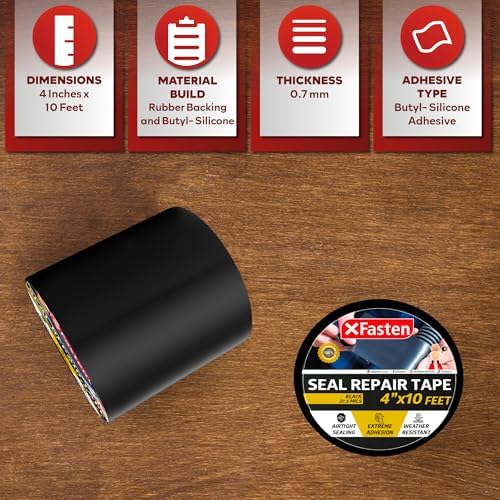 XFasten Waterproof Patch and Seal Tape, Black, 4-Inch by 10-Foot Roof and Gutter Rubber Repair Tape for Stop Leak Repair on Gutter, Roof, Boat, Pool Liner and HVAC – Waterproof and Puncture-Resistant