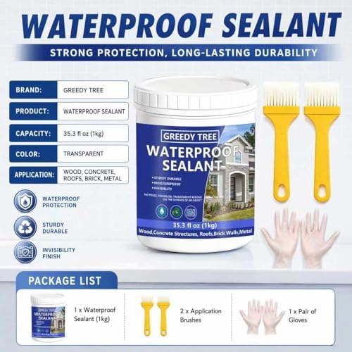 Clear Invisible Waterproof Sealant, Transparent Sturdy Roof Leak Repair Coating, No Trace Waterproof Paint for Wood Concrete Brick Metal, Includes 2 Brushes & Gloves