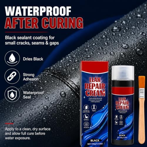 Leak Repair Cream with Brush, Black Waterproof Sealant for Cracks and Gaps