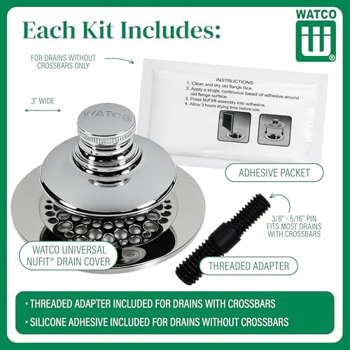 Watco Universal NuFit Push Pull Stopper, Silicone, 3/8 in. to 5/16 in. Combo Pin, Friction Pin, Grid, Universal Bath Tub Drain Stoppers, Easy Install, Hair Catcher, Replacement Tub Drain, Chrome