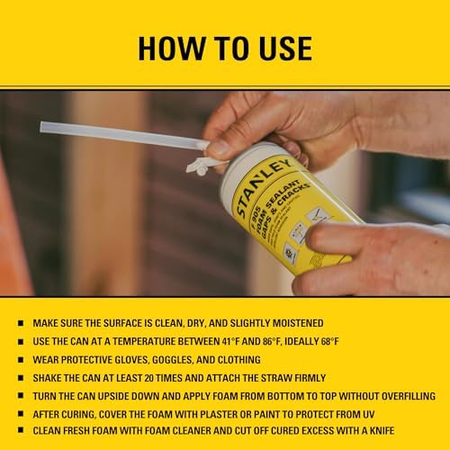 Stanley F905 Gaps & Cracks Sealant (12x12 Oz.) – Polyurethane Spray Foam Insulation for Window & Door, Waterproof Gap Filler, Low Expansion Foam for Indoor & Outdoor Use | Straw Use | 12 Oz. 12 Pack