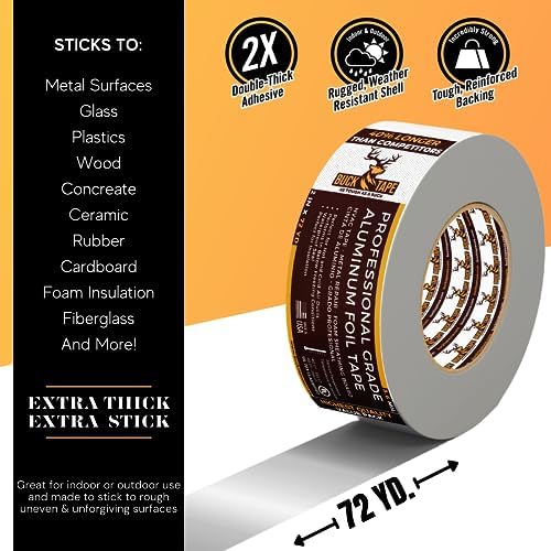 12 Pack Buck Aluminum Foil Tape – 2 Inch x 216ft (72 yd), 3.6 Mil – HVAC Tape for Ductwork, AC, Dryer Vents & Insulation – Silver Foil Tape for Metal Repair, Exhaust Sealing & Air Conditioning