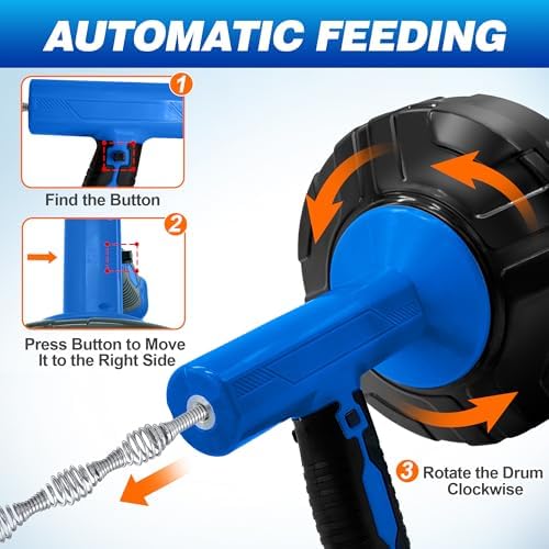 Drain Auger 33Ft, Auto-Feed Drain Snake Hair Drain Clog Remover, Blue